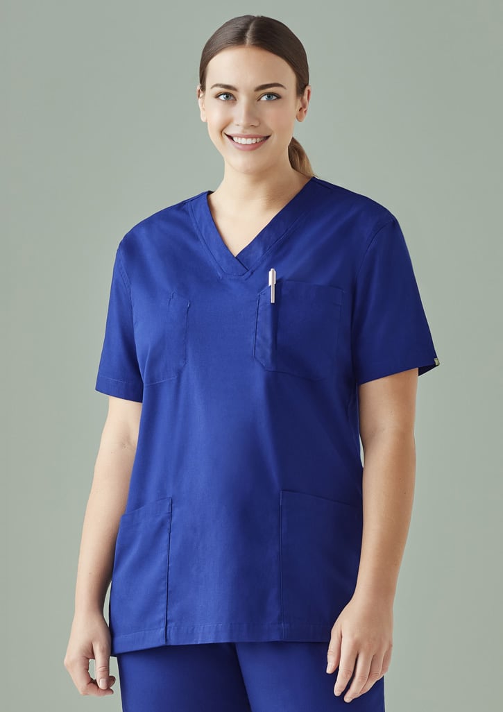 A unisex reversible scrub top in a vibrant royal blue, featuring two front pockets and a pen pocket.