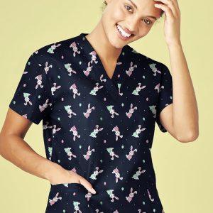 A navy V-neck scrub top featuring a playful Easter-themed pattern, with short sleeves and a pocket.