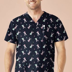 A men's V-neck short sleeve scrub top in navy with a colourful Easter-themed pattern featuring bunnies.