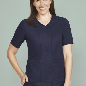 A navy blue women's scrub top with a zip front and crossover design, featuring short sleeves and pockets.