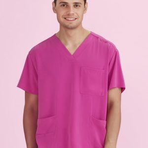 A unisex pink V-neck scrub top displayed on a model, featuring a pocket on the front and an overall bright colour.