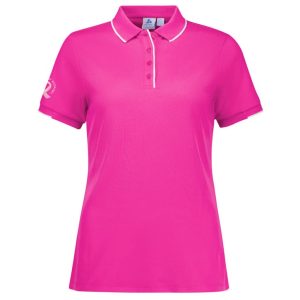A women's short sleeve polo shirt in vibrant pink featuring a subtle logo on the sleeve.