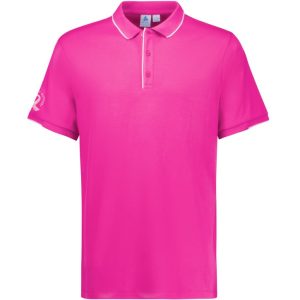 A pink short sleeve polo shirt with a collar and a logo on one sleeve.