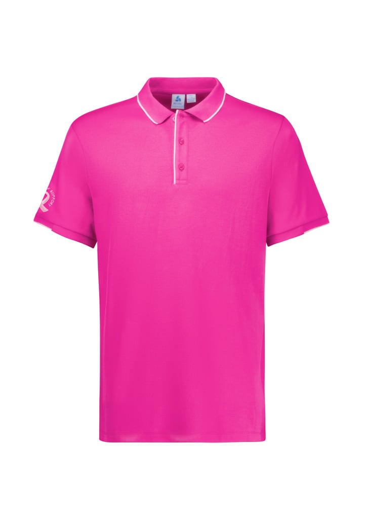 A pink short sleeve polo shirt with a collar and a logo on one sleeve.
