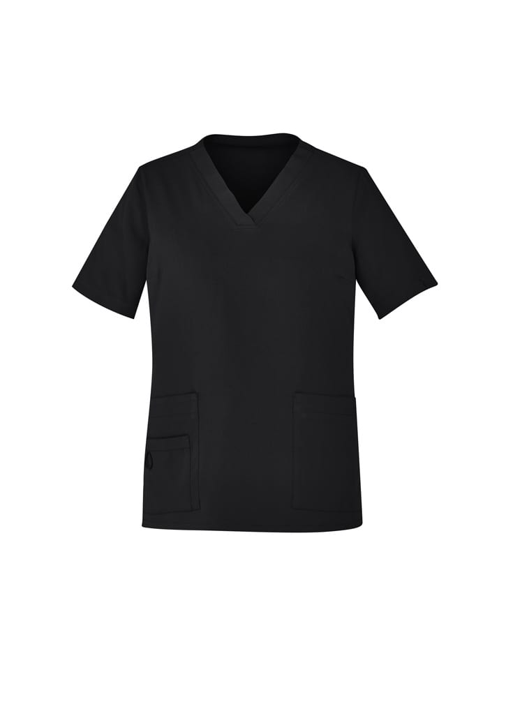 A black women's scrub top with a V-neck and short sleeves, featuring two front pockets and a logo.