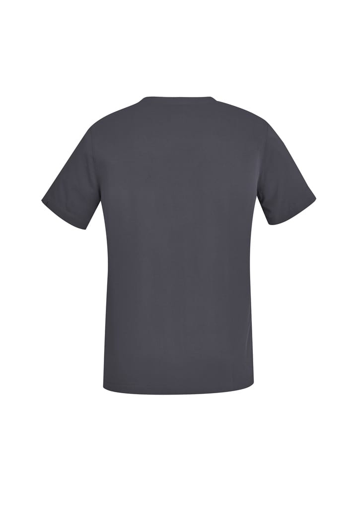 A grey women's scrub top with a V-neck design and short sleeves. Features a logo on the back.