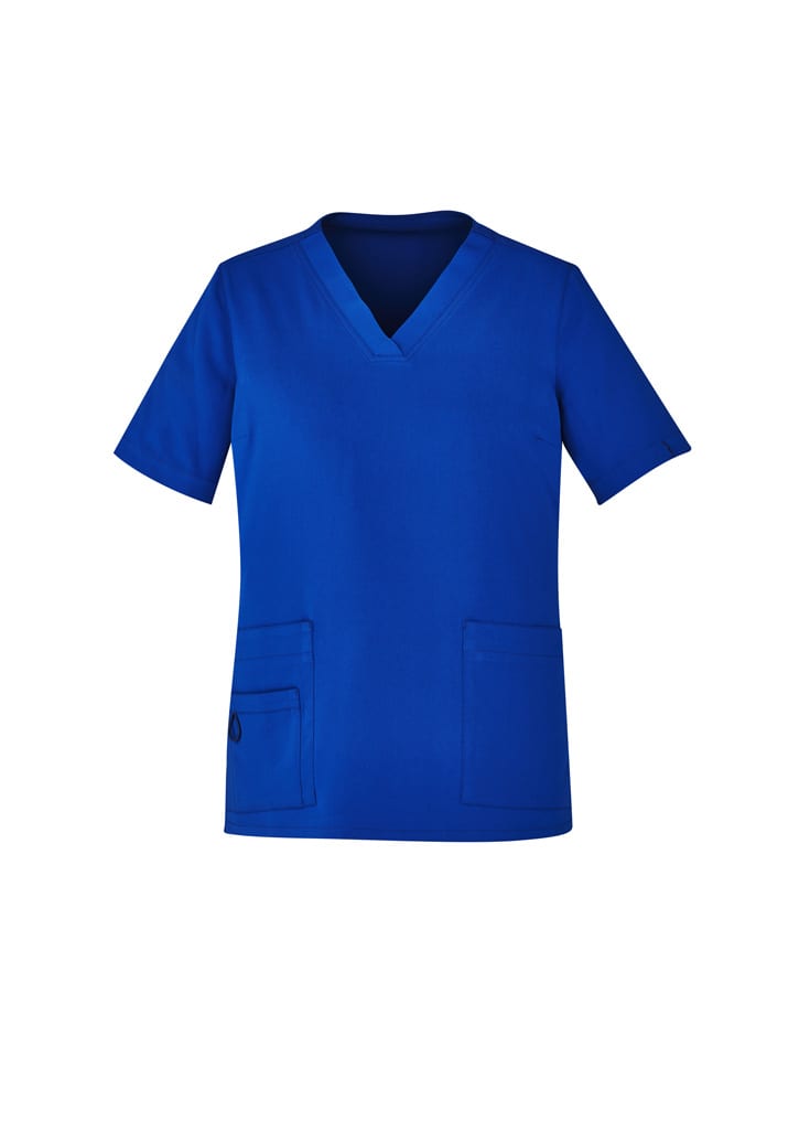 A blue women's scrub top with a V-neck, featuring short sleeves and two front pockets. It has a logo on it.