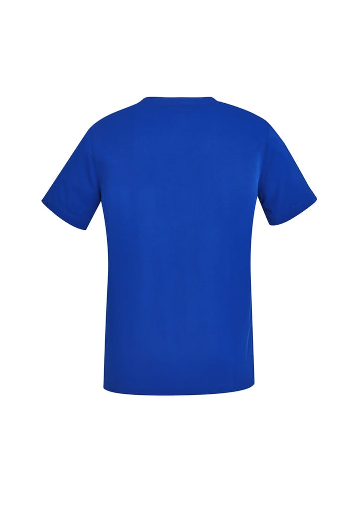 A blue women's scrub top with short sleeves and a V-neck design, featuring a logo on the back.