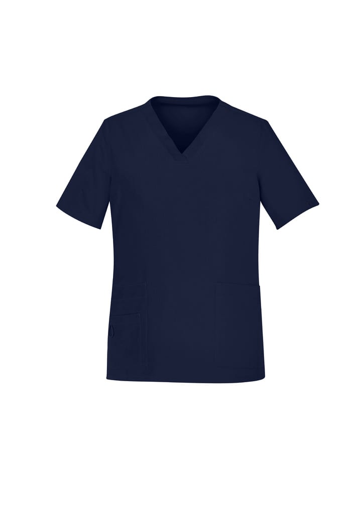 A navy V-neck scrub top for women featuring short sleeves and two front pockets. It has a branding logo.
