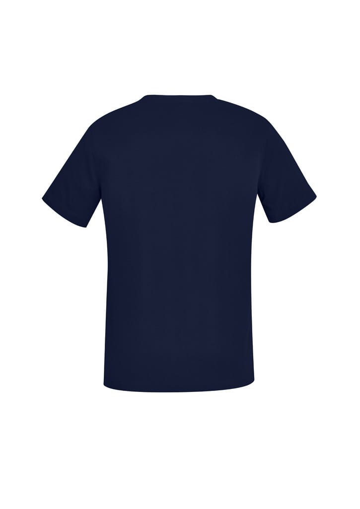 A navy blue women's scrub top with a V-neck design, featuring short sleeves and a plain back.