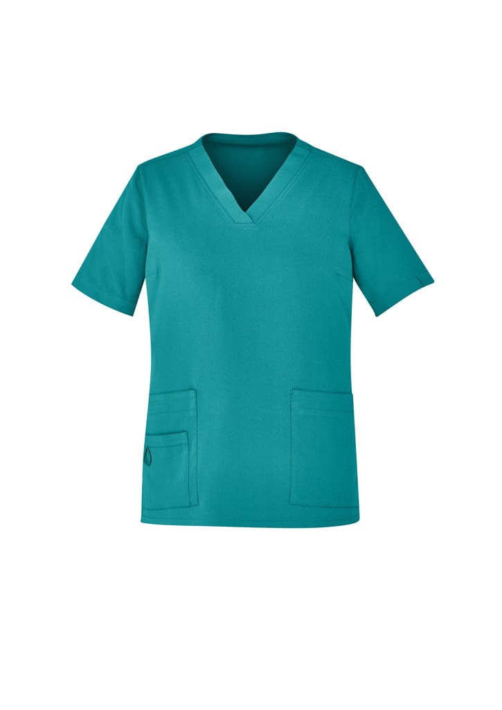 A teal women's V-neck scrub top featuring short sleeves and two front pockets. It includes a logo on the side.