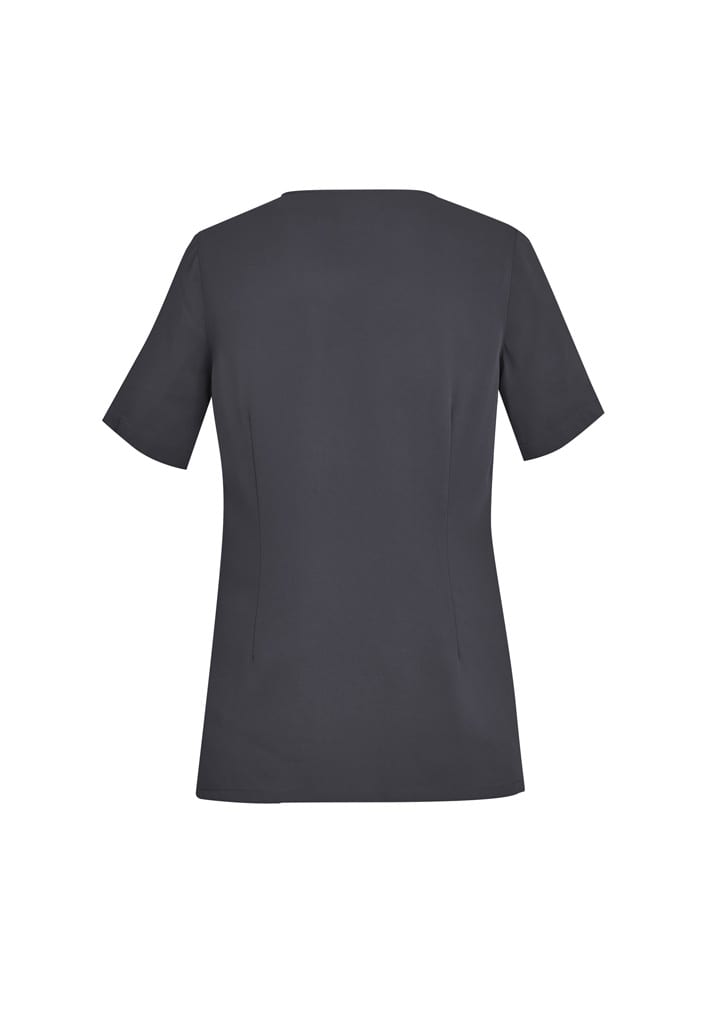 A women's round neck scrub top in dark grey with short sleeves and a fitted design, featuring a logo.