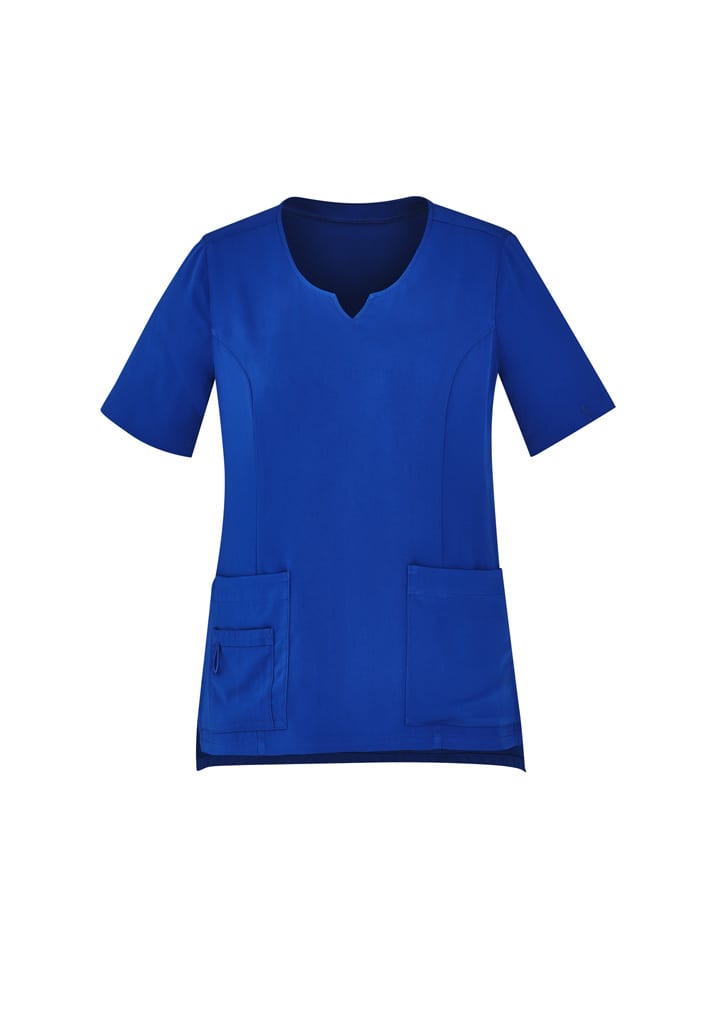 A blue women's scrub top featuring a round neck and two front pockets, with a logo on it.