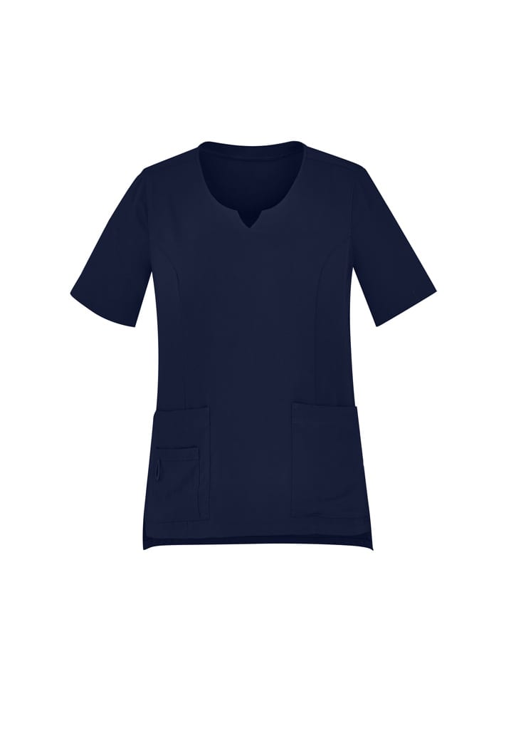 Round neck scrub top in navy blue with short sleeves and two front pockets. Features a branded logo.