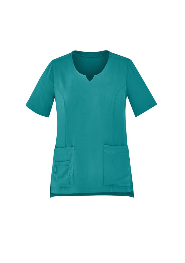A women's scrub top in a teal colour with short sleeves and two front pockets. It features a round neckline and a logo.