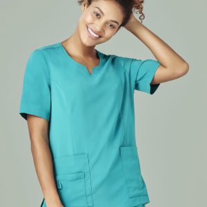 A women's scrub top in teal with a round neck, featuring short sleeves and front pockets.