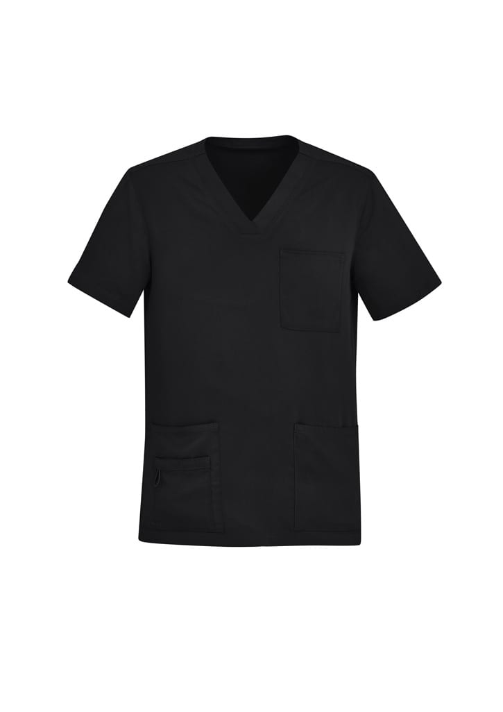 A black V-neck scrub top featuring short sleeves and multiple pockets, with a logo on the front.