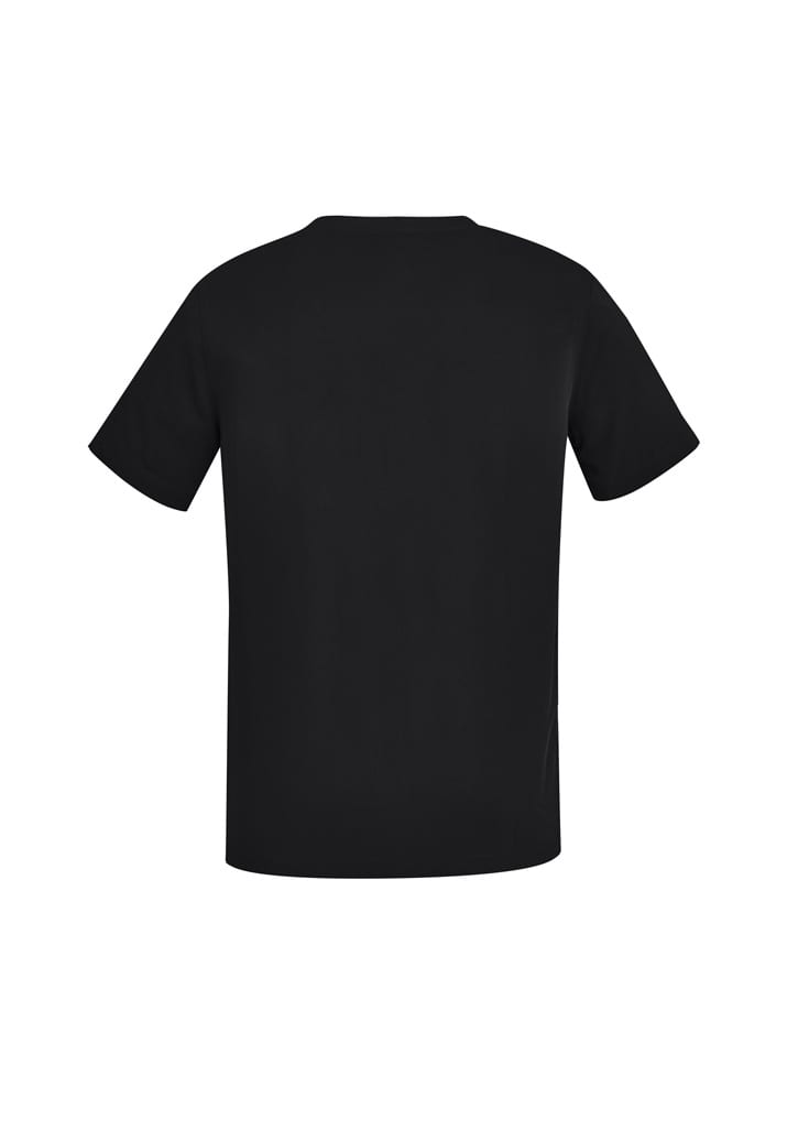 A black men's V-neck scrub top featuring short sleeves and a logo. Suitable for uniform wear.