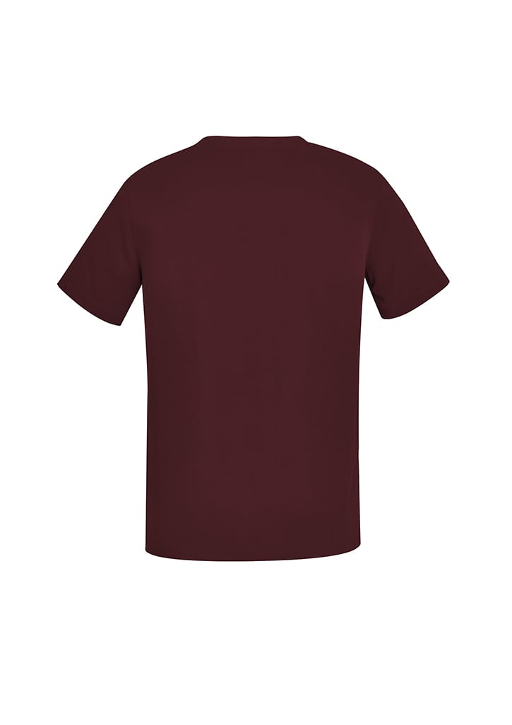 A burgundy men's V-neck scrub top with short sleeves, featuring a simple design and logo.
