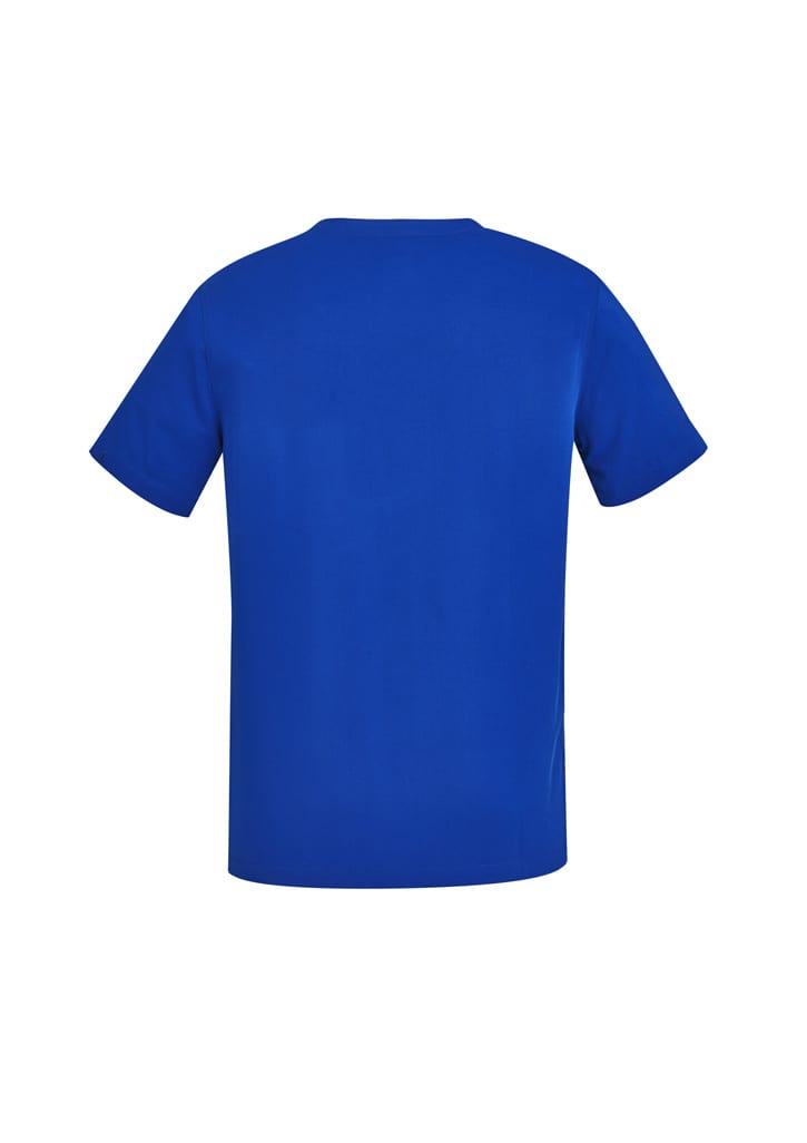 A blue men's V-neck scrub top featuring short sleeves and a smooth finish, with a logo on the back.