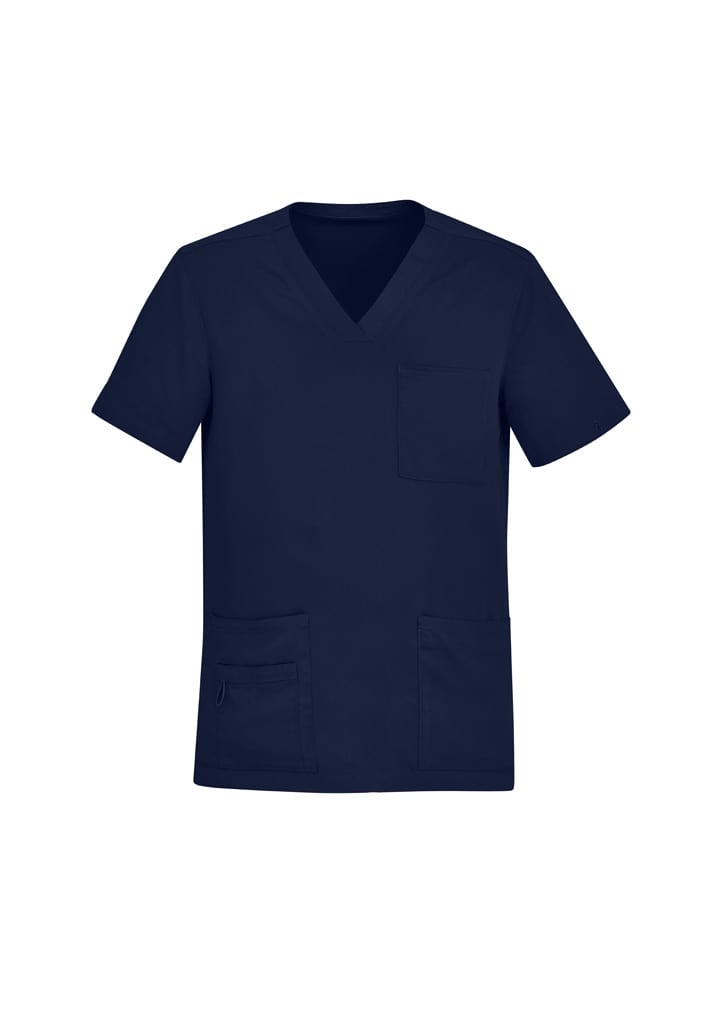 A navy men's V-neck scrub top featuring multiple pocket styling and a logo.