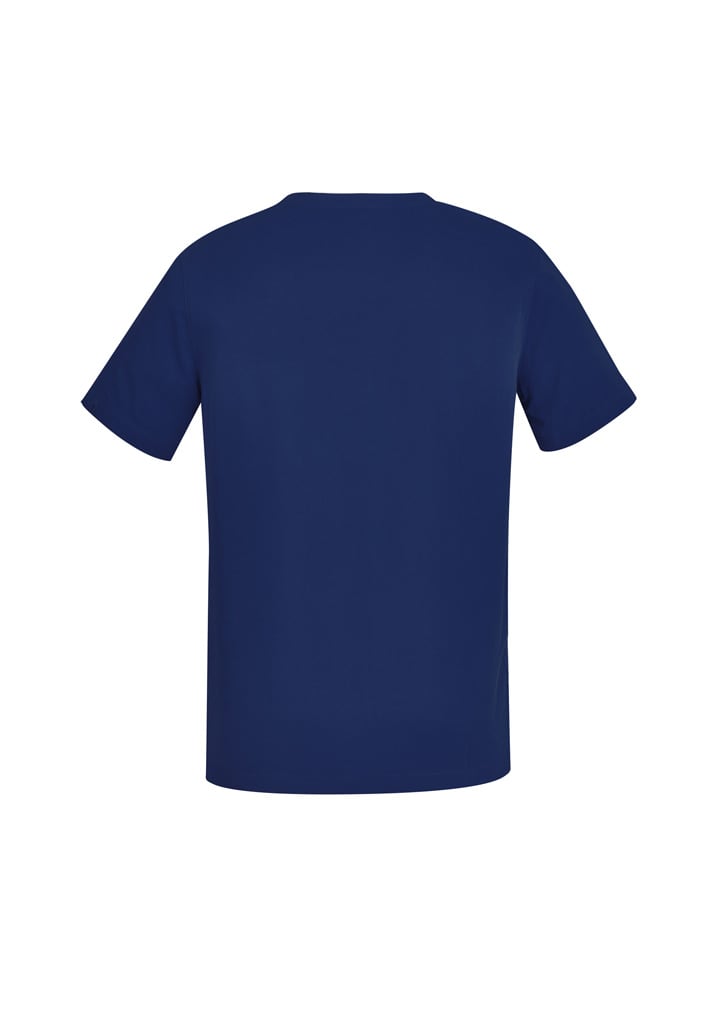 Navy blue men's scrub top with a V-neck design and short sleeves. Features a logo on the fabric.