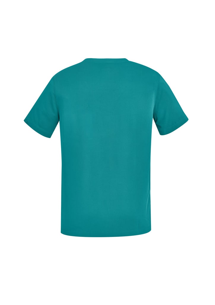 A teal men's V-neck scrub top with short sleeves and a plain back design. It features a logo.