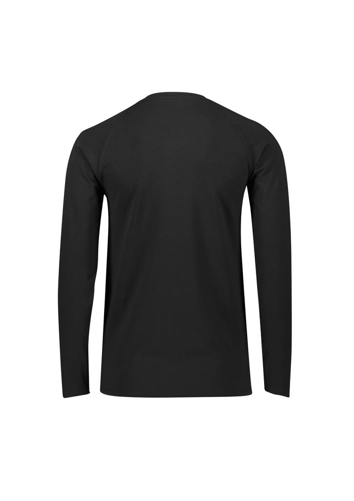 A black women's long sleeve performance tee featuring a simple design and a logo on the back.