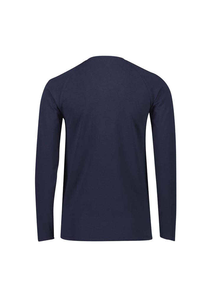 A navy long sleeve tee with a simple design and a logo on the back.