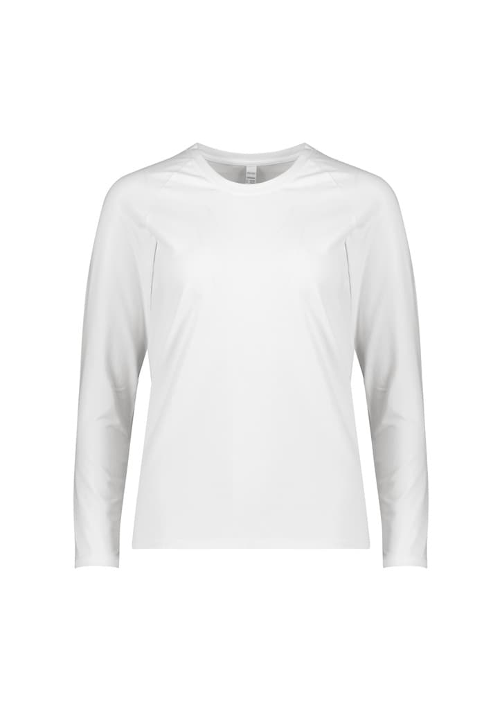 A white long sleeve women's performance tee with a simple design and a logo on the front.