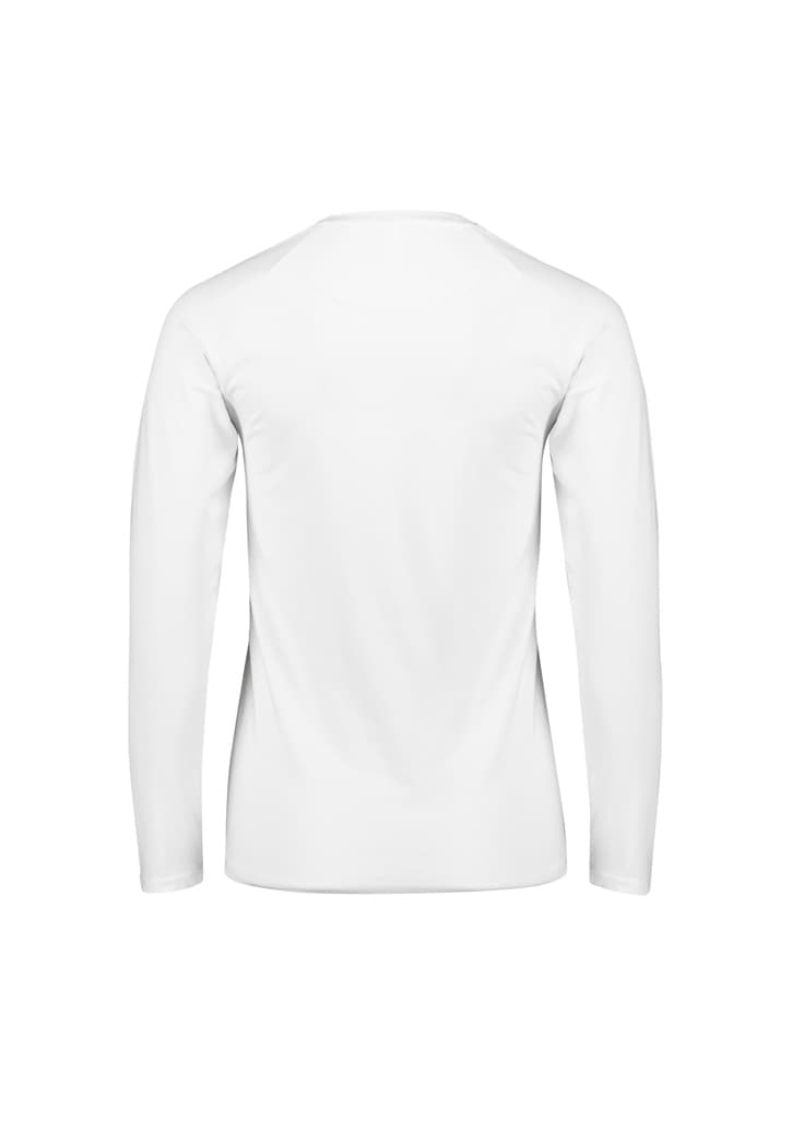 A long sleeve tee in white, featuring a simple design and a logo on the back.