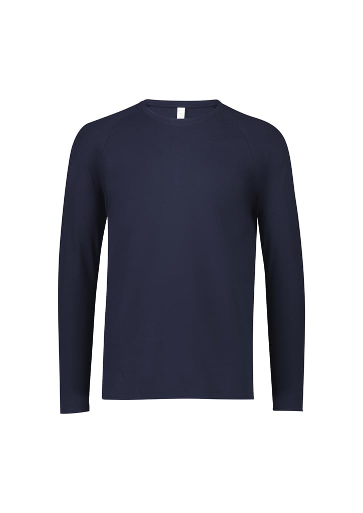 A navy long sleeve men's performance tee shirt with a crew neck and raglan sleeves, featuring a logo.