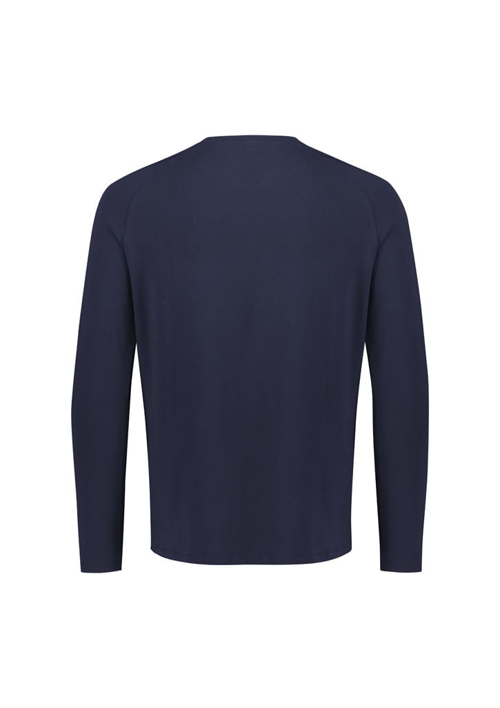 A navy long sleeve tee with a simple design and a branded logo on the back.