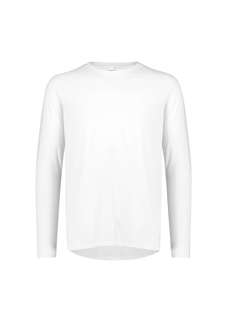 A white long sleeve t-shirt with a round neckline and a logo on the chest area.