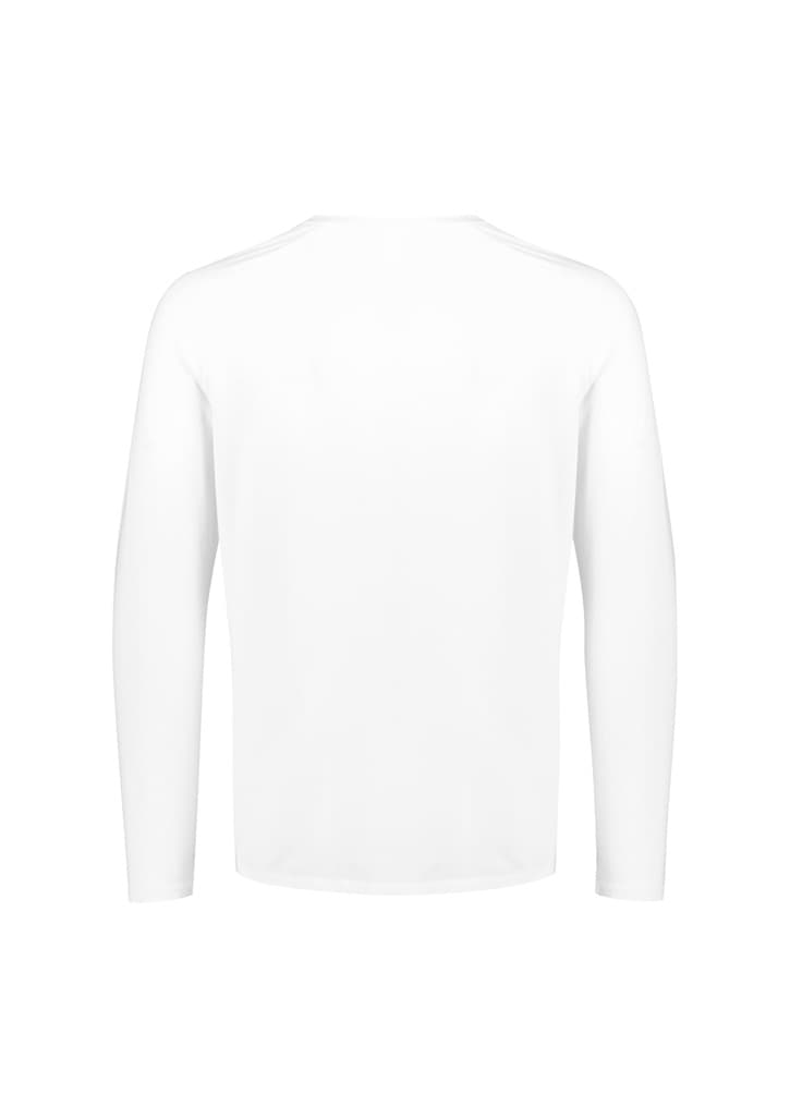 A white long sleeve men's performance tee, featuring a plain design and a branding logo.