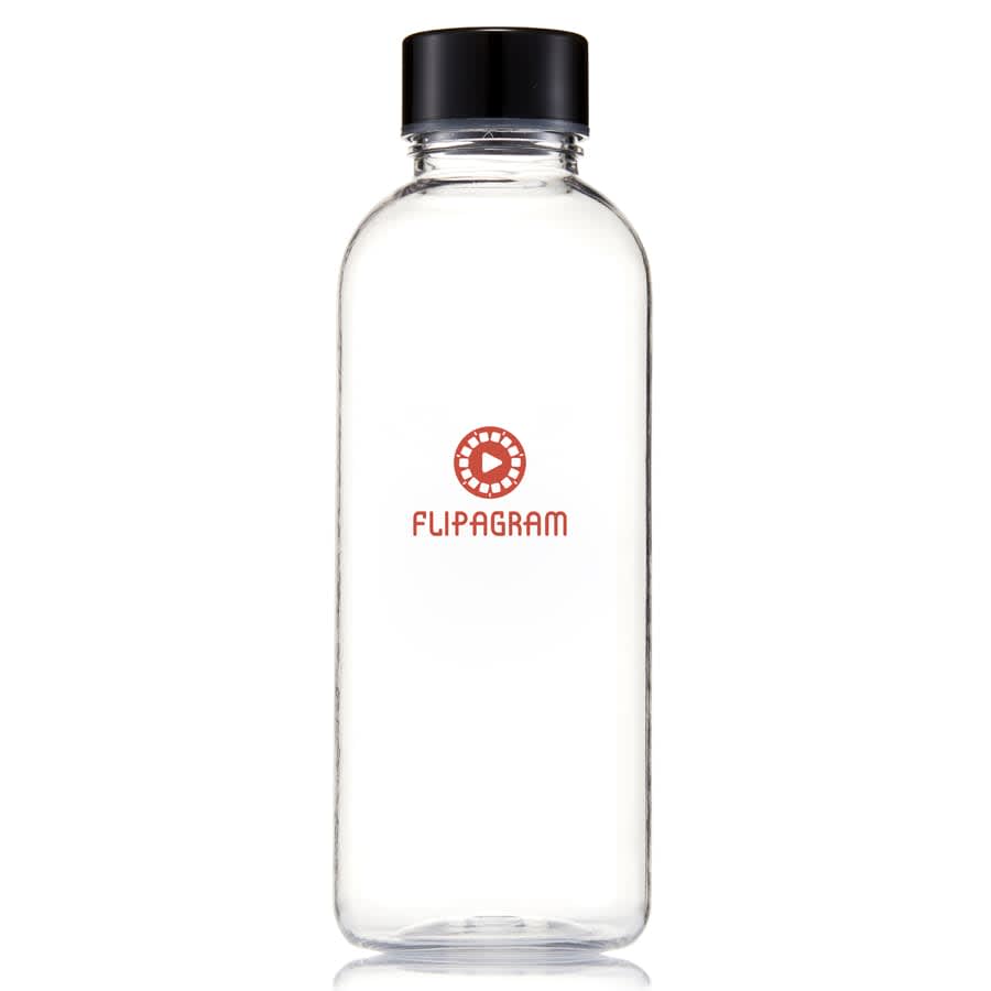A drink bottle made of clear Tritan plastic with a black lid and a logo in red.