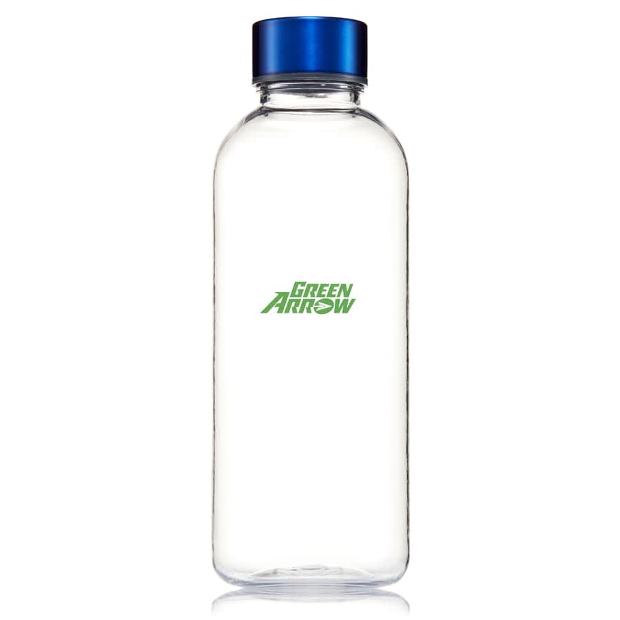 A drink bottle made of clear Tritan material with a blue lid and a logo on the front.