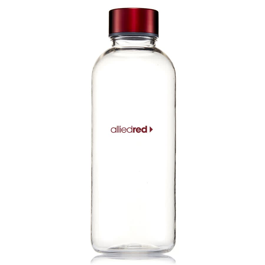 A drink bottle in clear plastic with a red lid and a logo on the side.
