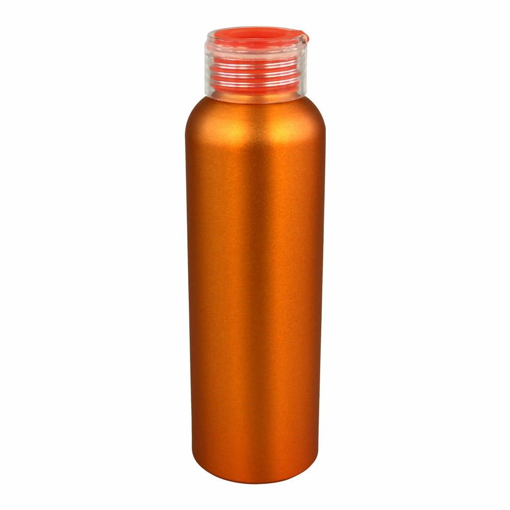 An orange aluminium water bottle with a clear, screw-on lid and a slim design. It features a logo.
