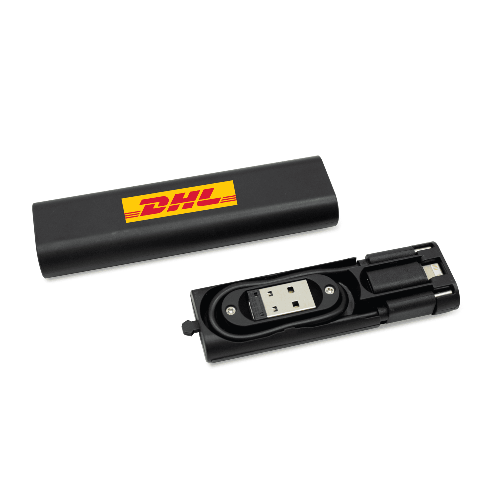 A black portable charging kit containing a USB and a Lightning cable, with a logo on the casing.