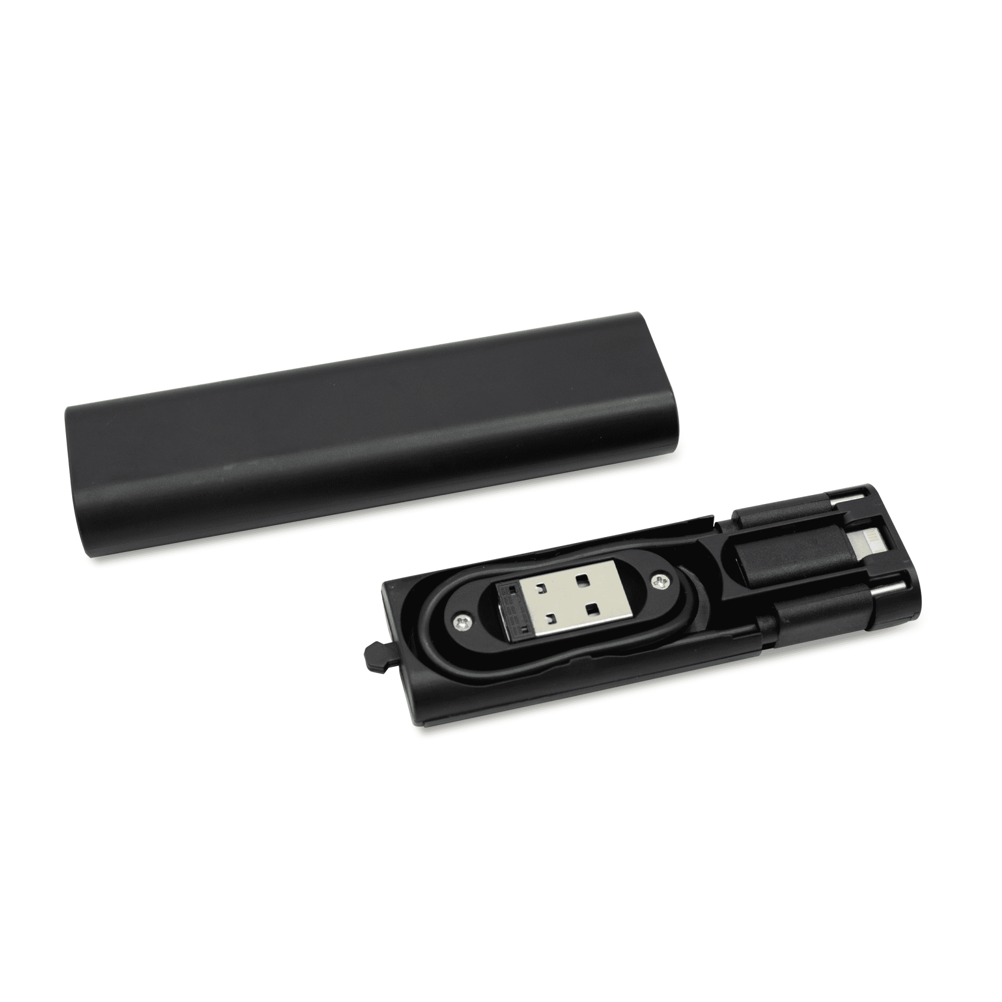 A black travel charging kit featuring a USB and a Type-C cable, housed in a compact case.