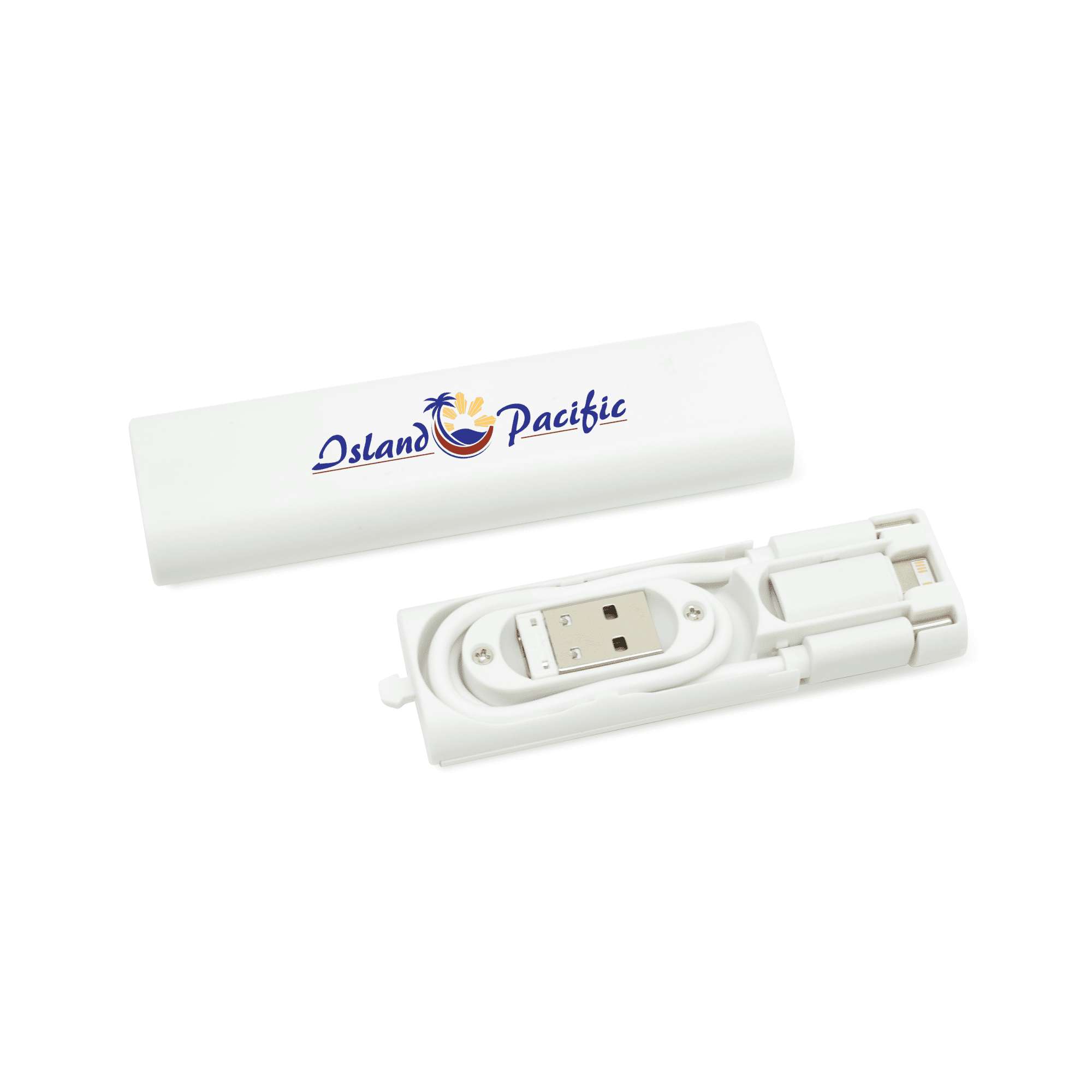 A white travel kit containing neatly rolled charging cables, enclosed in a matching case with a logo.