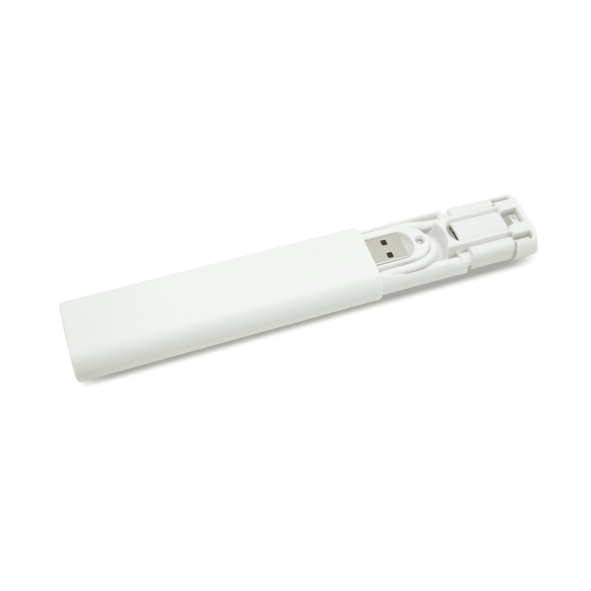 A white portable charging cable kit with a compact design, featuring a holder for easy storage.
