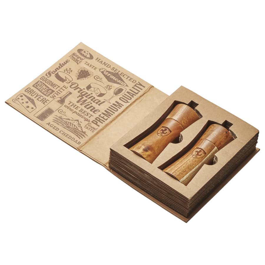 A salt and pepper set in natural wood finish, presented in a decorative box with illustrations and a logo.