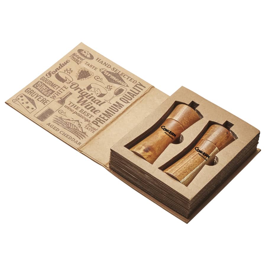 A wooden salt and pepper set in a stylish box, featuring a logo, with a rustic design and natural finish.