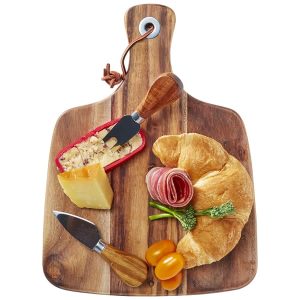 Acacia cheeseboard with knife set, featuring a wooden board, cheese, cured meats, croissant, and cherry tomatoes.
