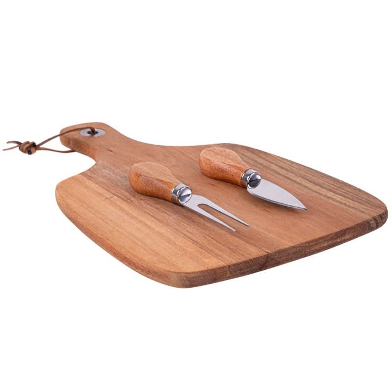 A wooden acacia cheeseboard with a smooth finish, accompanied by two stainless steel cheese knives with wooden handles.