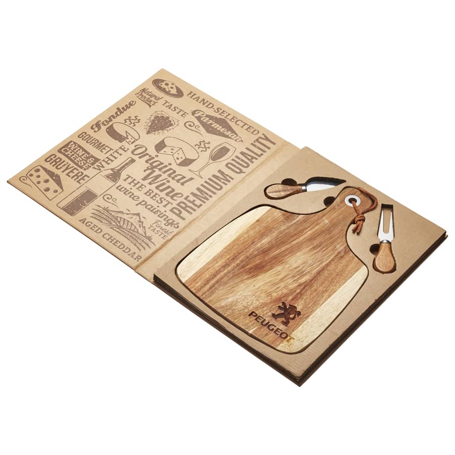 Acacia cheeseboard with knife set, featuring a wooden board and two stainless steel knives, presented in a box with branding.