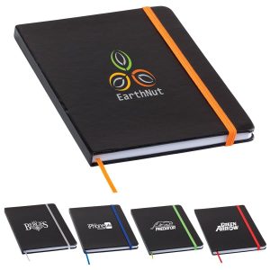 A black Chesterfield notebook with an orange elastic band, featuring a logo on the cover. Four additional notebooks in various colours are shown.