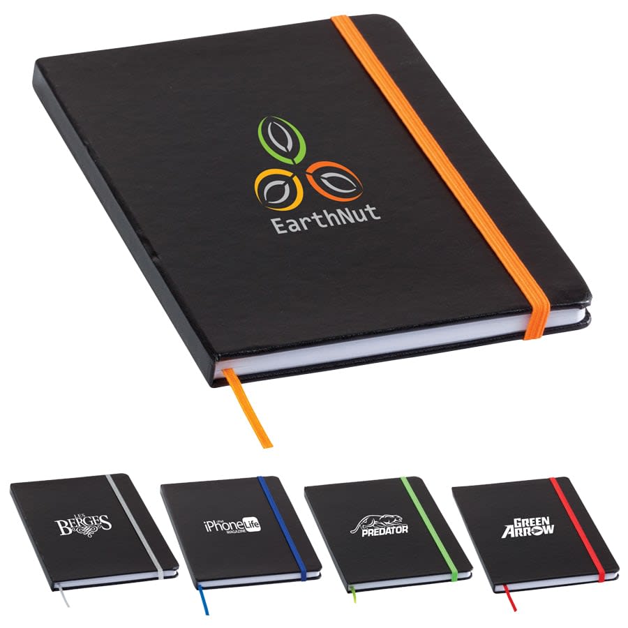 A black Chesterfield notebook with an orange elastic band, featuring a logo on the cover. Four additional notebooks in various colours are shown.